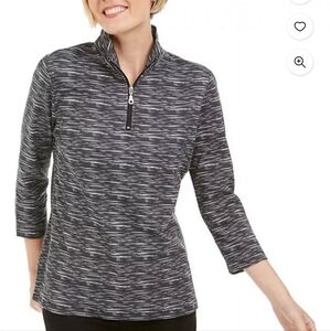 Karen Scott Charcoal and White Striped Quarter-Zip Pullover, L